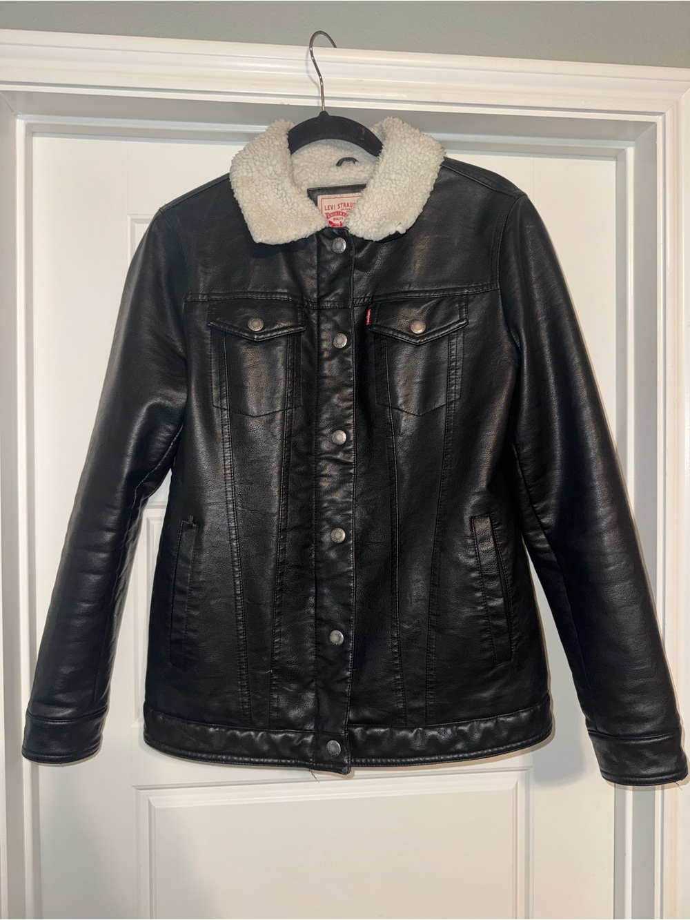 Levi's Black Faux Leather Jacket with Cream Sherpa Collar